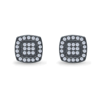 Square Cushion Shape Black Tone, Simulated CZ Stud Earrings Screw-Back Round Pave 925 Sterling Silver